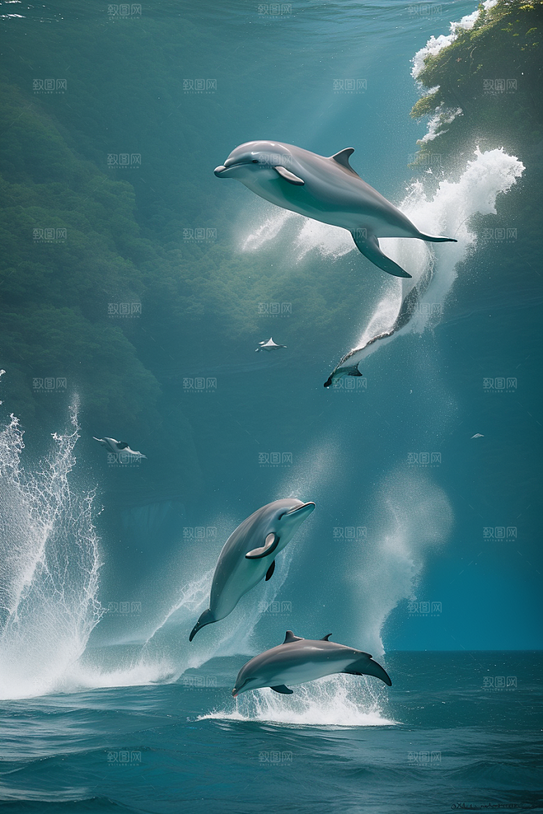 海豚与海岸森林的和谐共舞