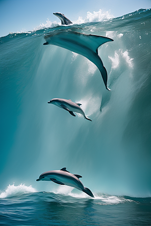 海洋蓝与丰茂绿海豚舞动海岸森林的色彩