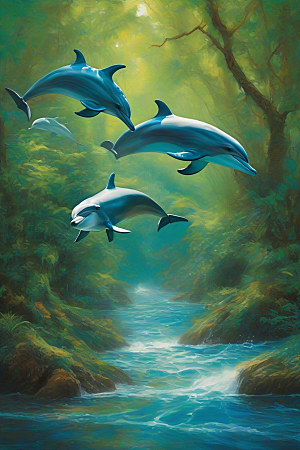 海洋蓝与丰茂绿海豚舞动海岸森林的色彩