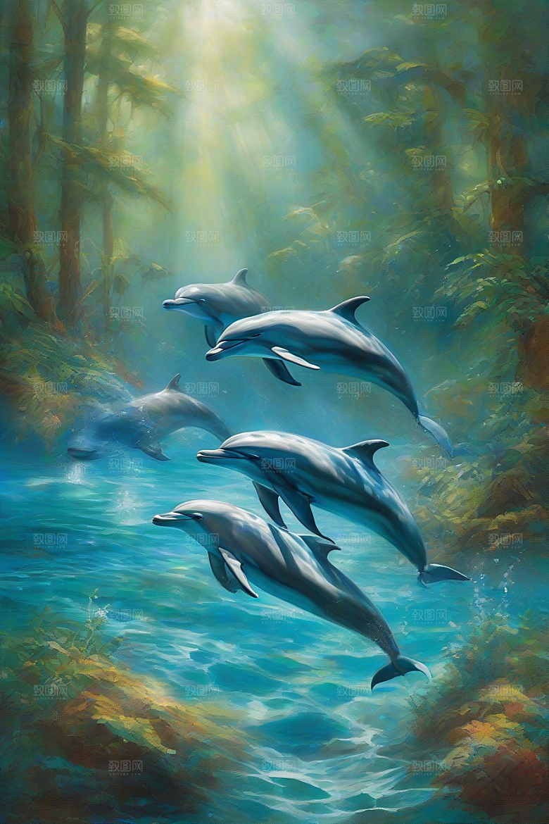 海洋蓝与丰茂绿海豚舞动海岸森林的色彩