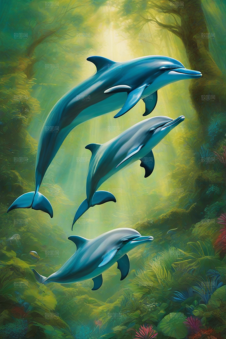 海洋与大地的交织海豚在海岸森林