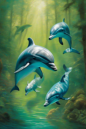 海洋与大地的交织海豚在海岸森林
