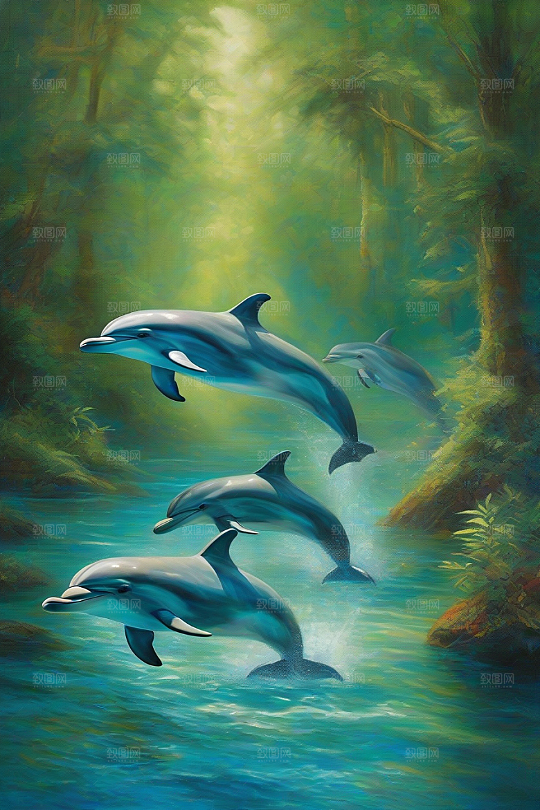 海洋与大地的交织海豚在海岸森林