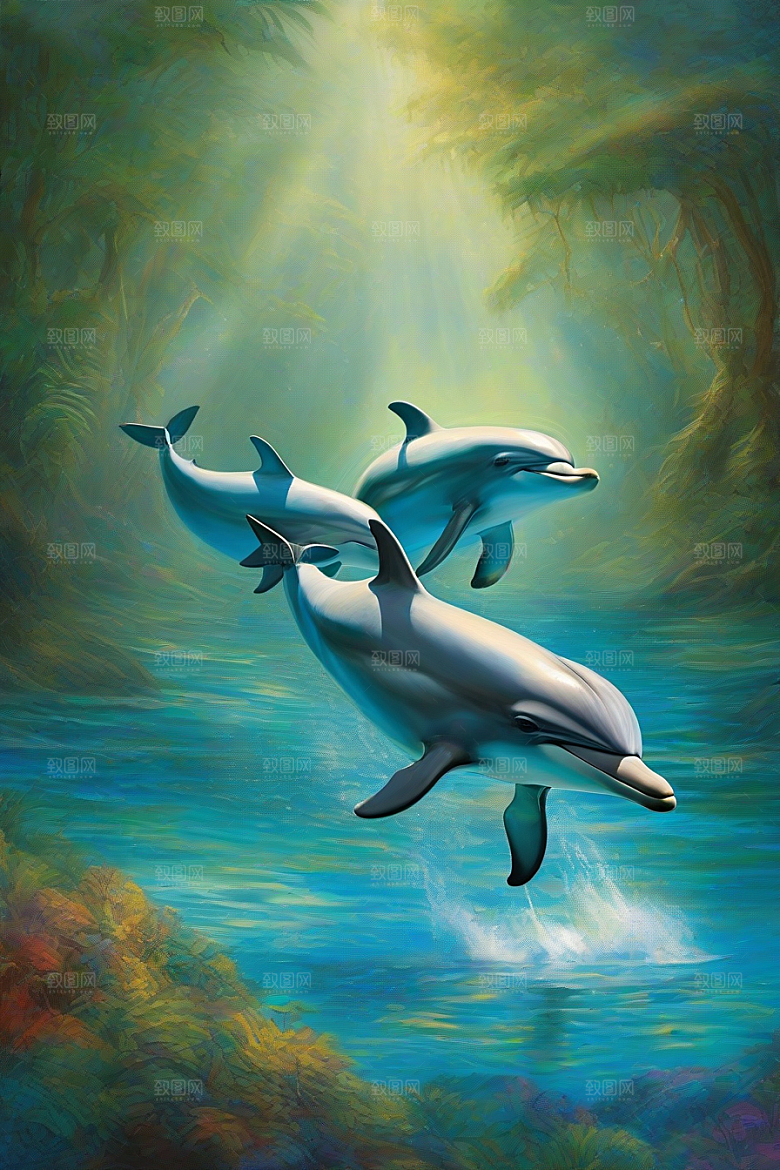 海洋与大地的交织海豚在海岸森林