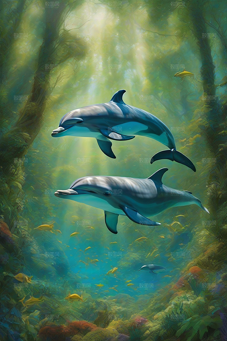 海洋与大地的交织海豚在海岸森林