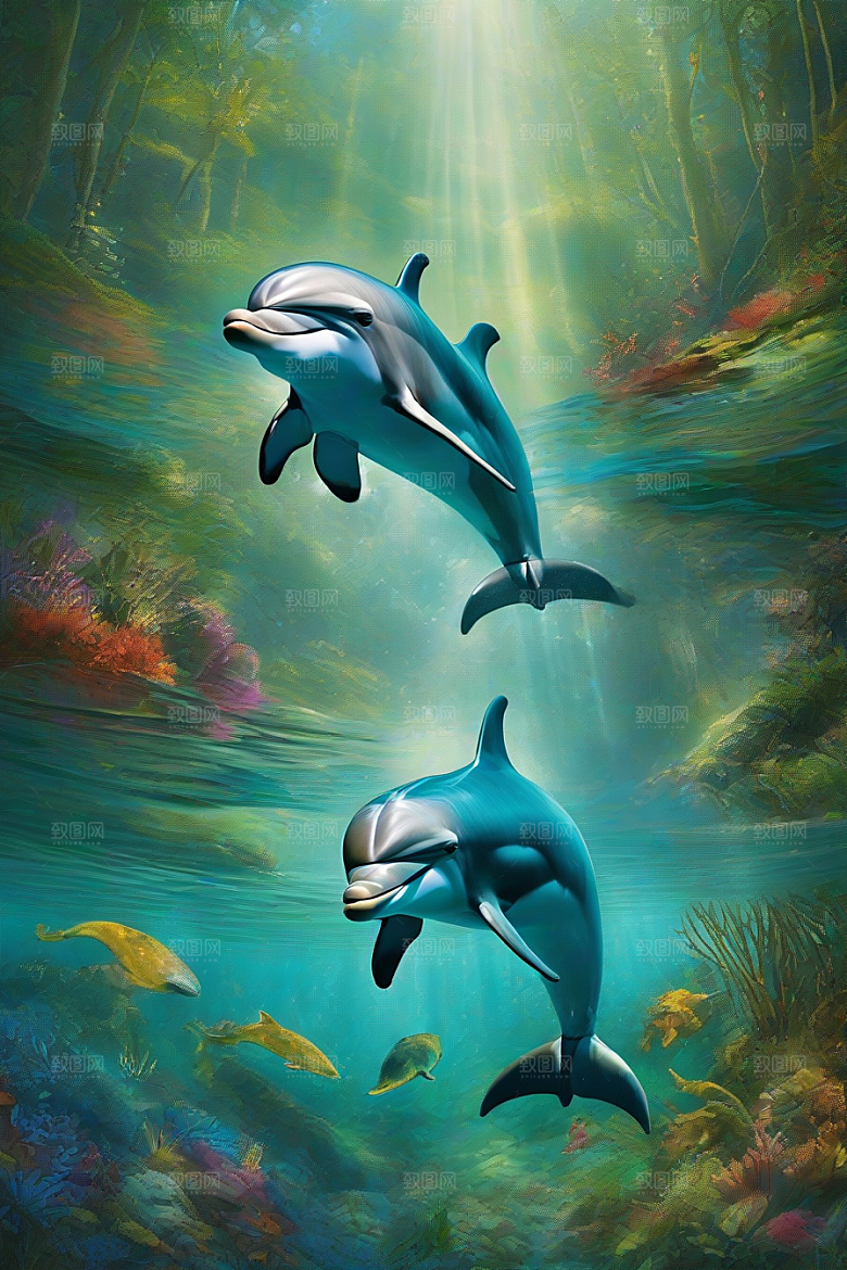 海洋与大地的交织海豚在海岸森林