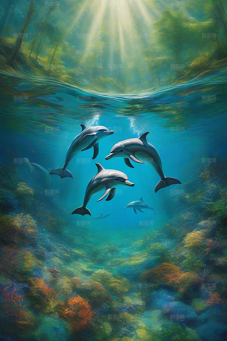 海洋与大地的交织海豚在海岸森林