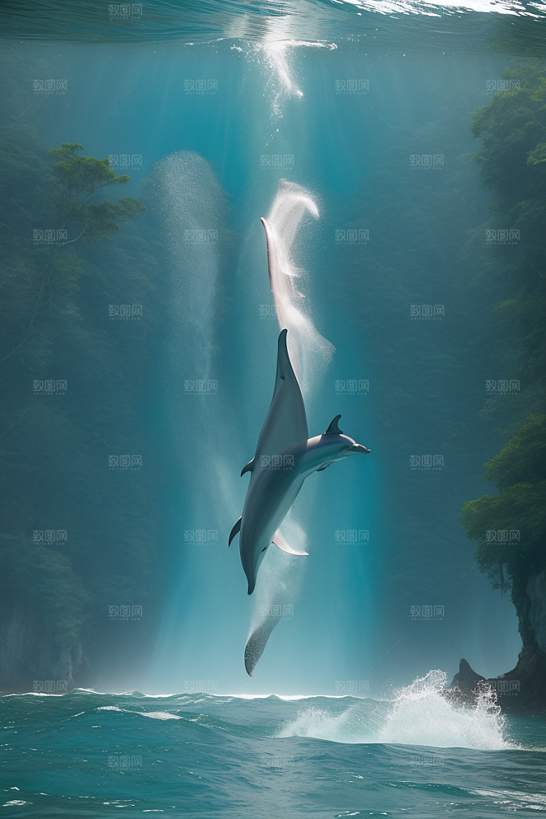 海洋与大地的交织海豚在海岸森林