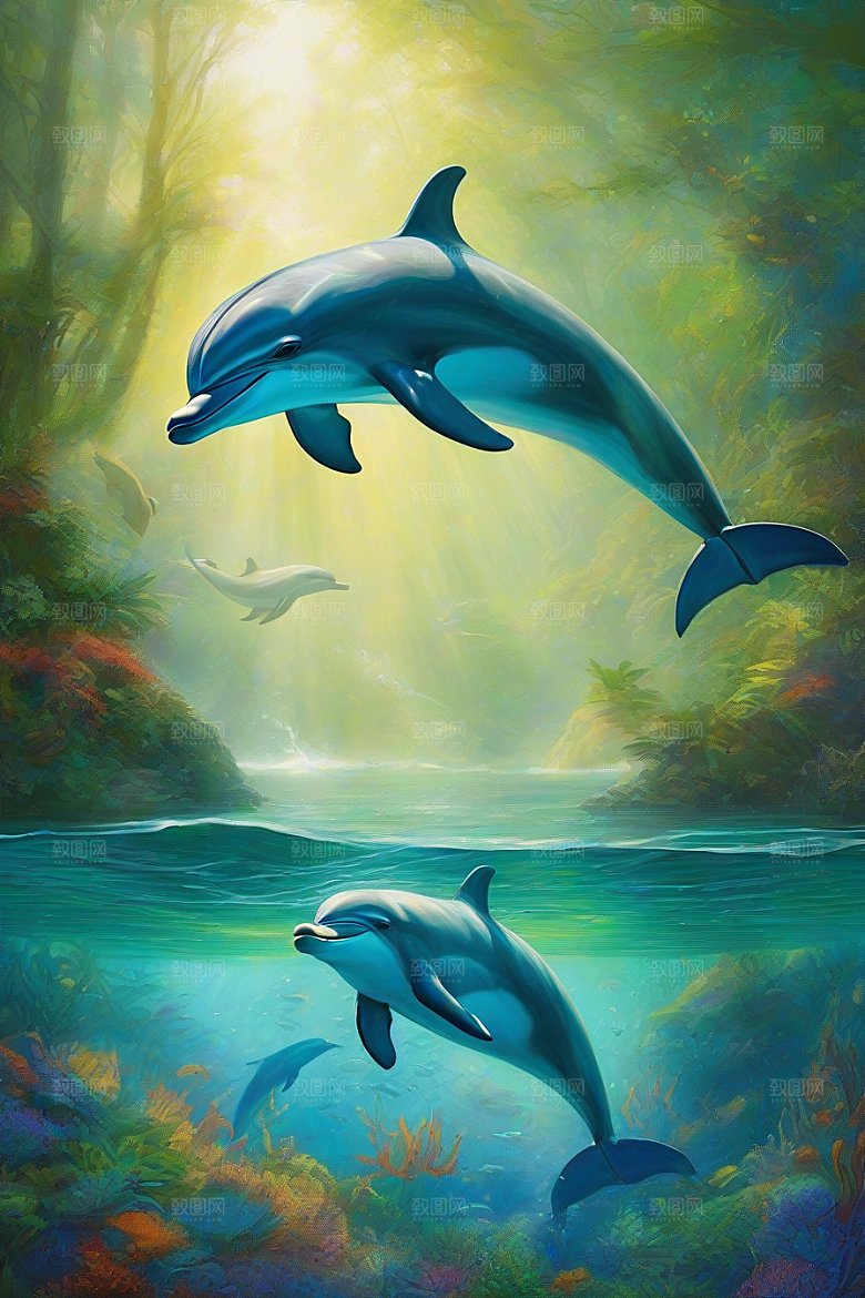 海洋与大地的交织海豚在海岸森林