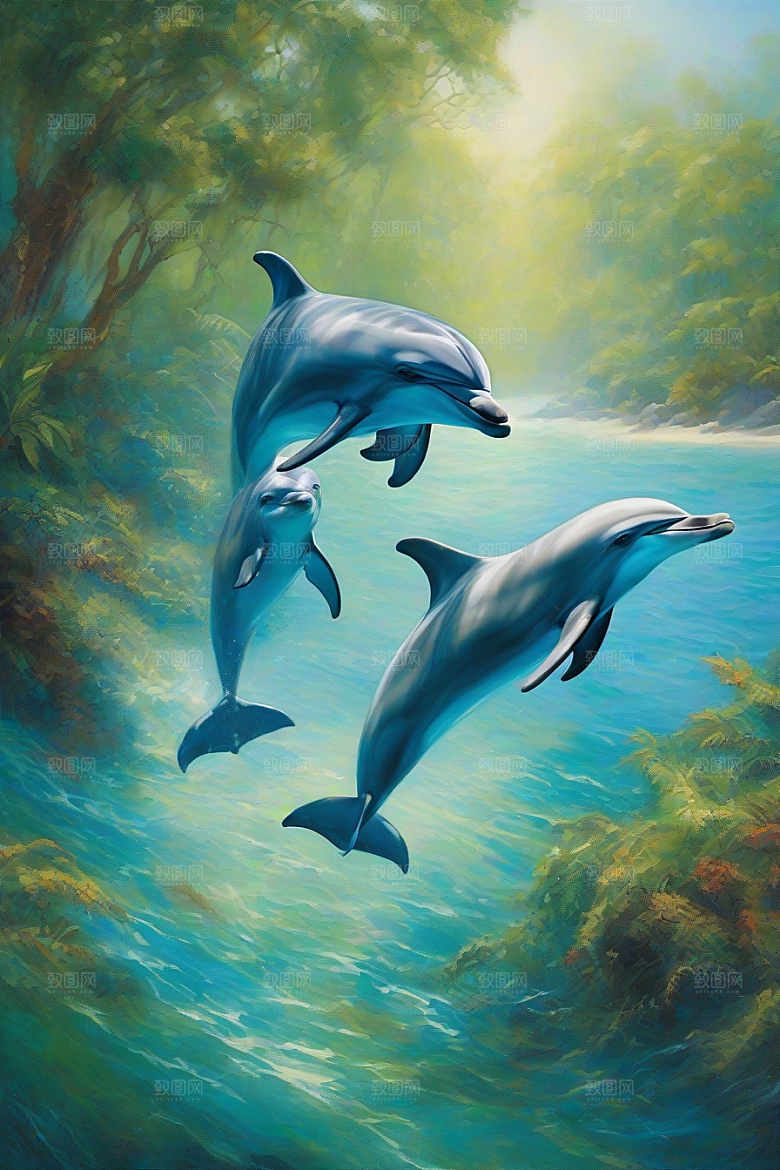 潮水般的灵动海豚在海岸森林中的动感展示