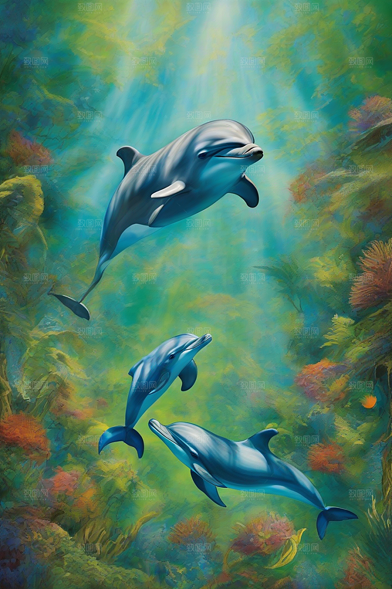潮水般的灵动海豚在海岸森林中的动感展示