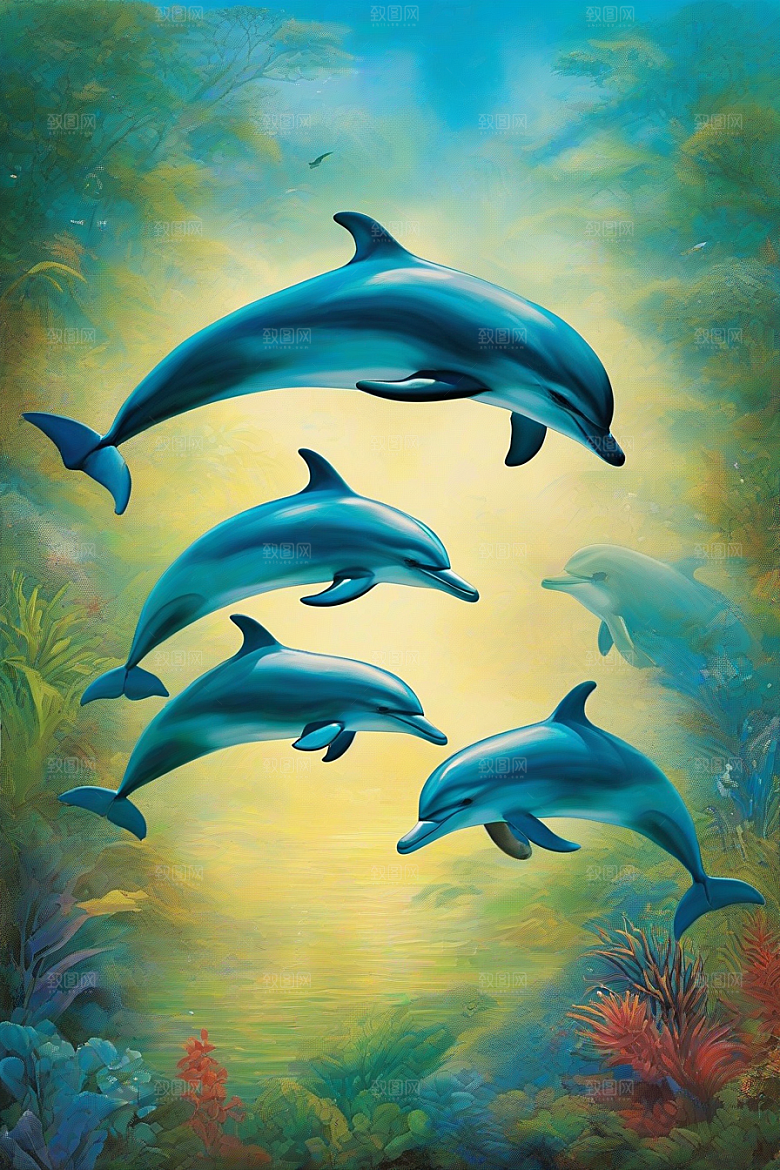 潮水般的灵动海豚在海岸森林中的动感展示