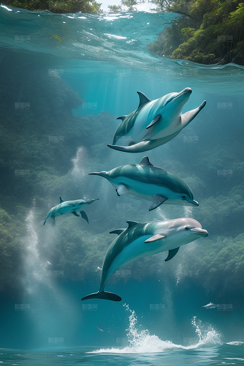 海豚的欢乐之舞海岸森林中的动感狂欢