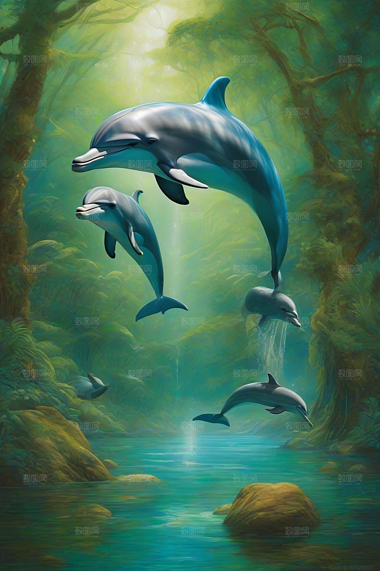 海豚的欢乐之舞海岸森林中的动感狂欢