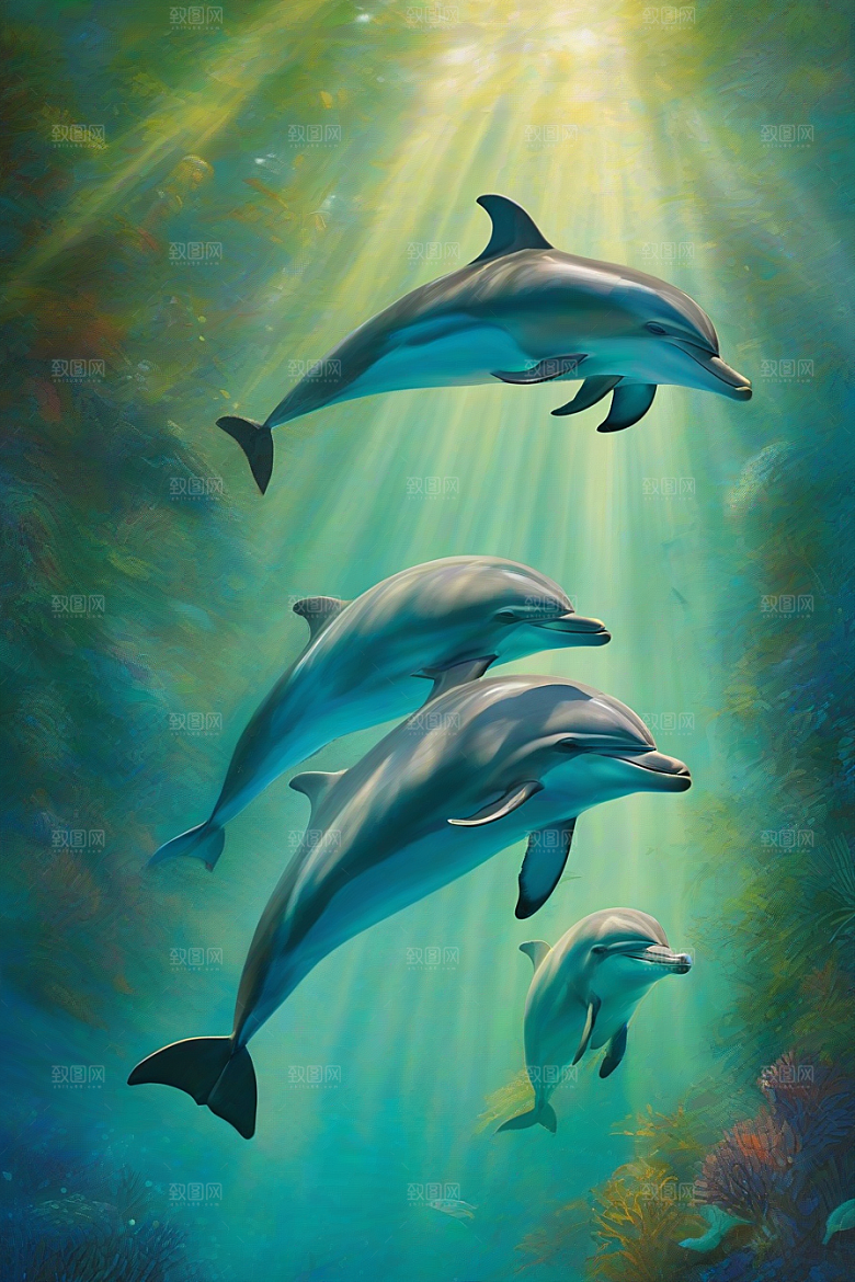 清新的海洋世界海豚与海岸森林的互动盛宴