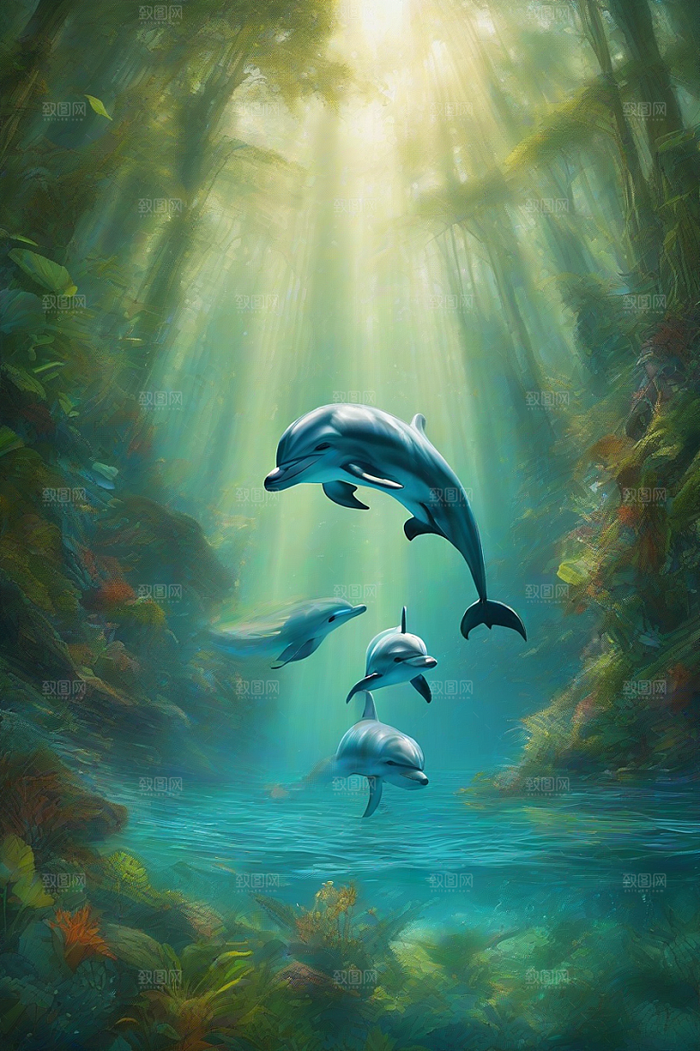 清新的海洋世界海豚与海岸森林的互动盛宴