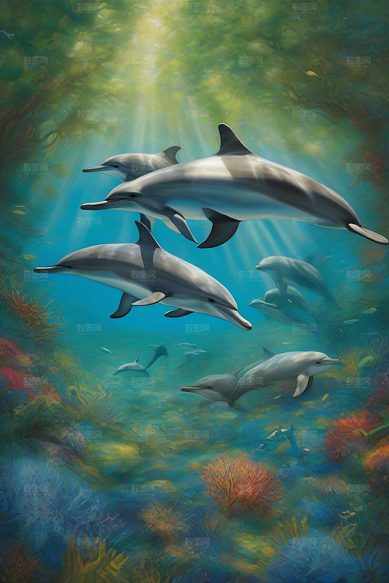 清新的海洋世界海豚与海岸森林的互动盛宴