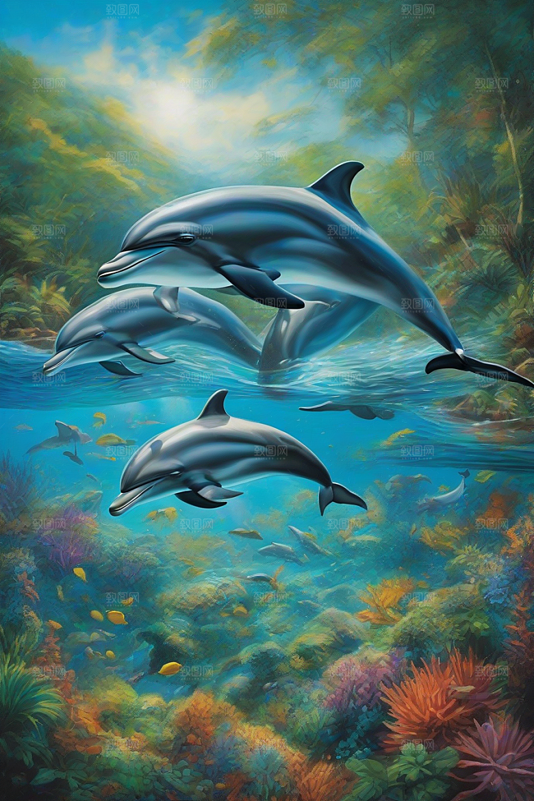 清新的海洋世界海豚与海岸森林的互动盛宴
