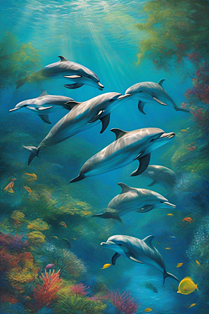 清新的海洋世界海豚与海岸森林的互动盛宴