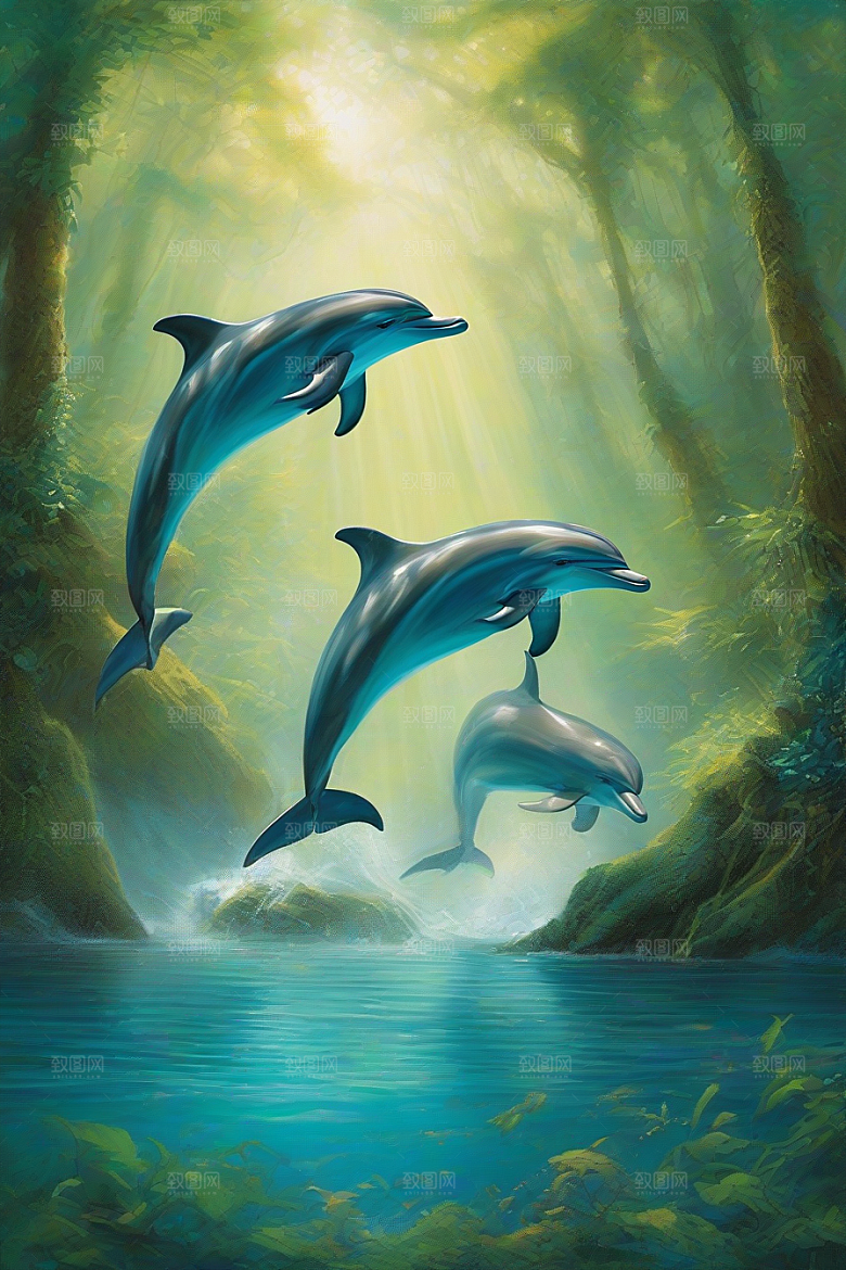 清新的海洋世界海豚与海岸森林的互动盛宴