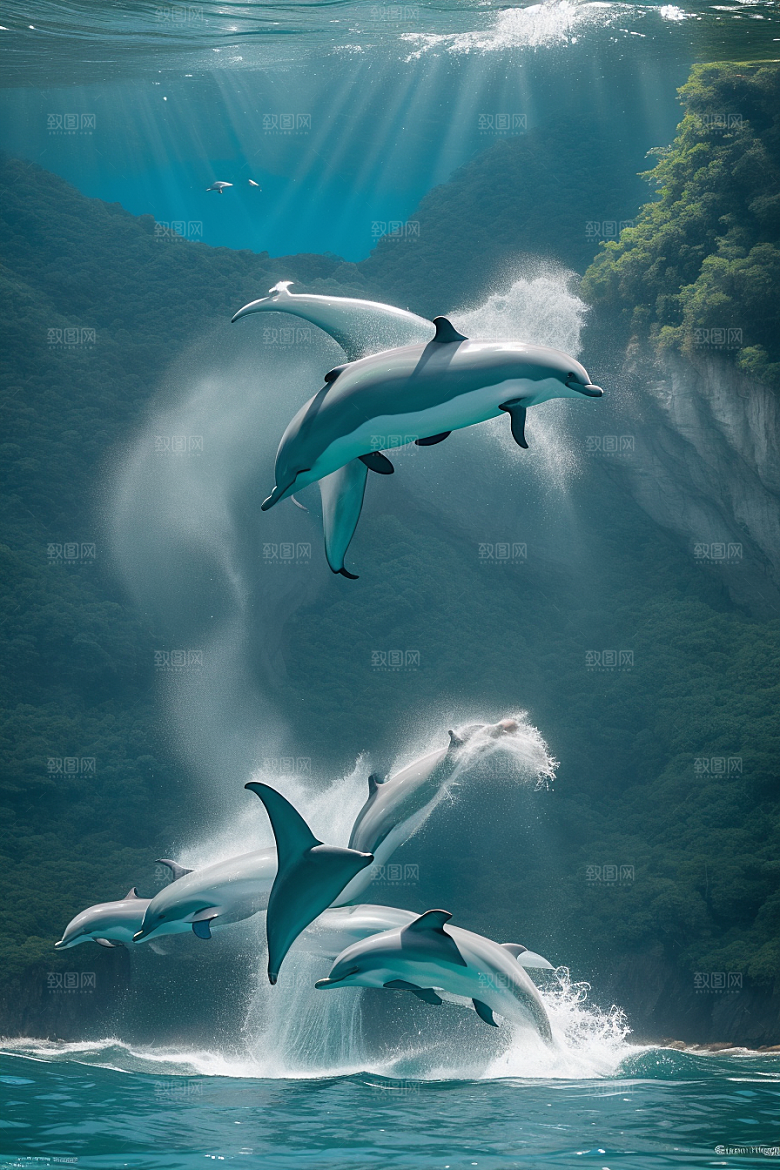 清新的海洋世界海豚与海岸森林的互动盛宴