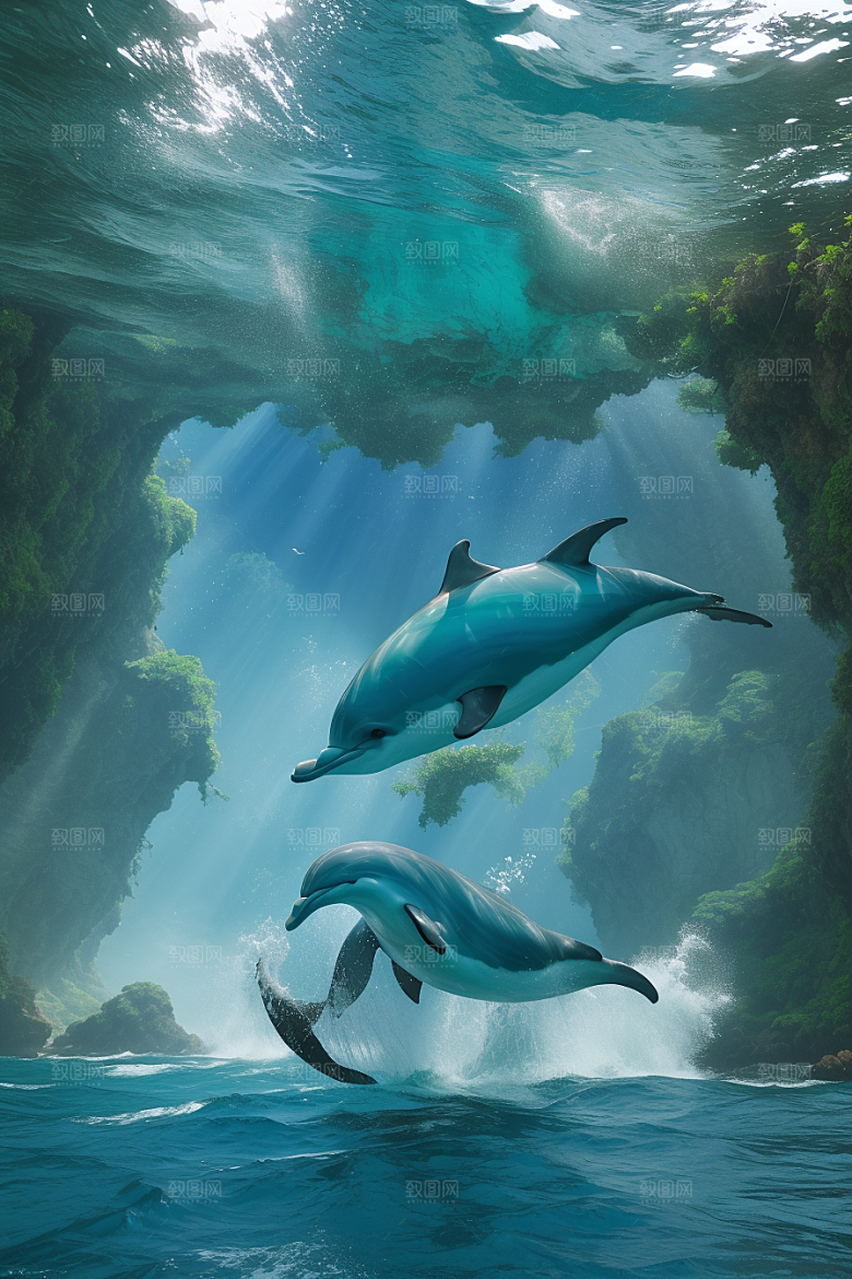 清新的海洋世界海豚与海岸森林的互动盛宴