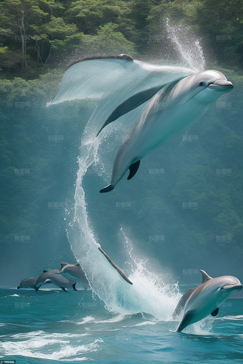 清新的海洋世界海豚与海岸森林的互动盛宴