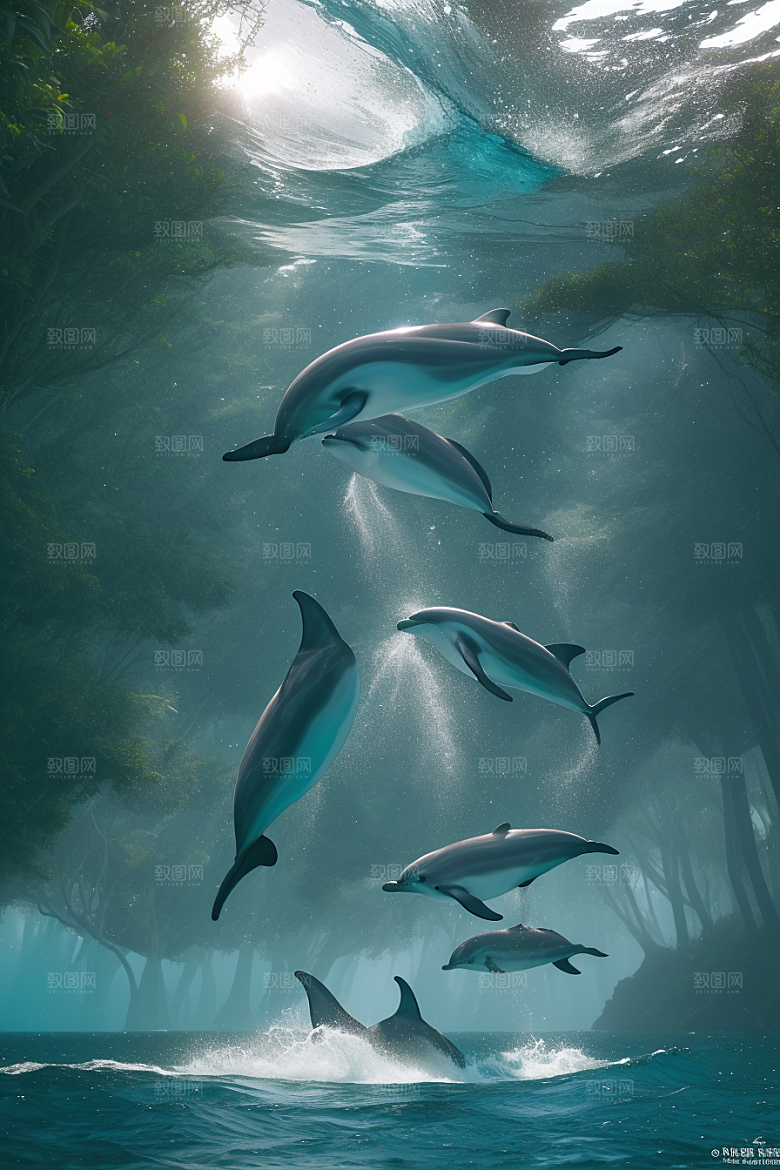 清新的海洋世界海豚与海岸森林的互动盛宴