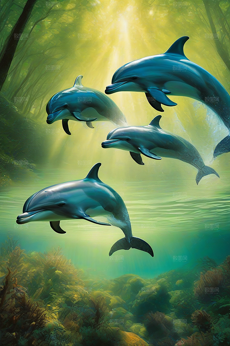清新的海洋世界海豚与海岸森林的互动盛宴
