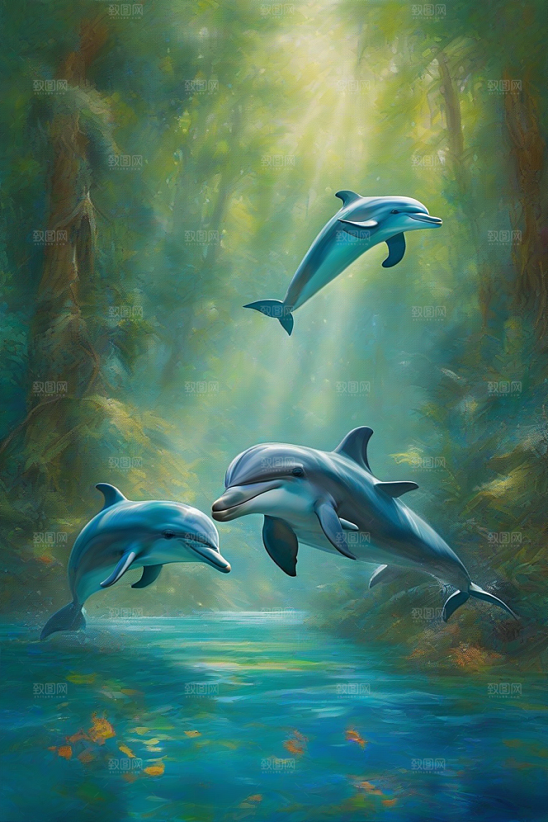 清新的海洋世界海豚与海岸森林的互动盛宴