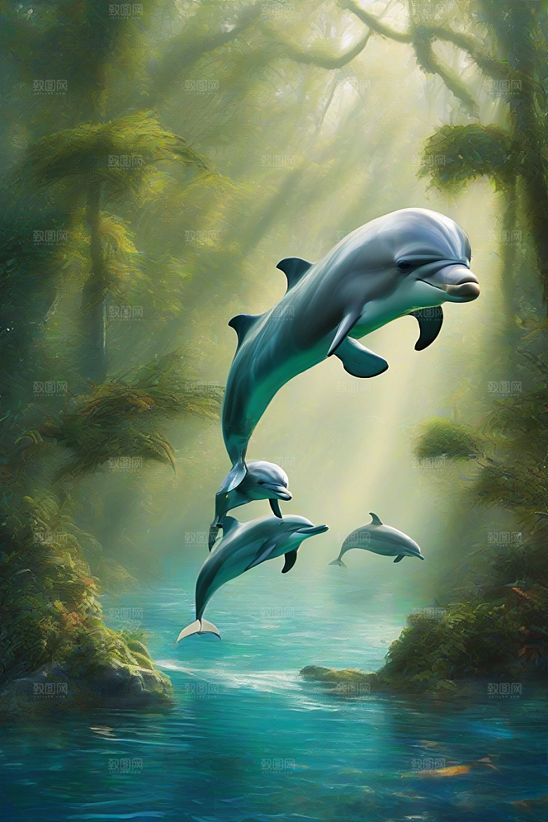 清新的海洋世界海豚与海岸森林的互动盛宴