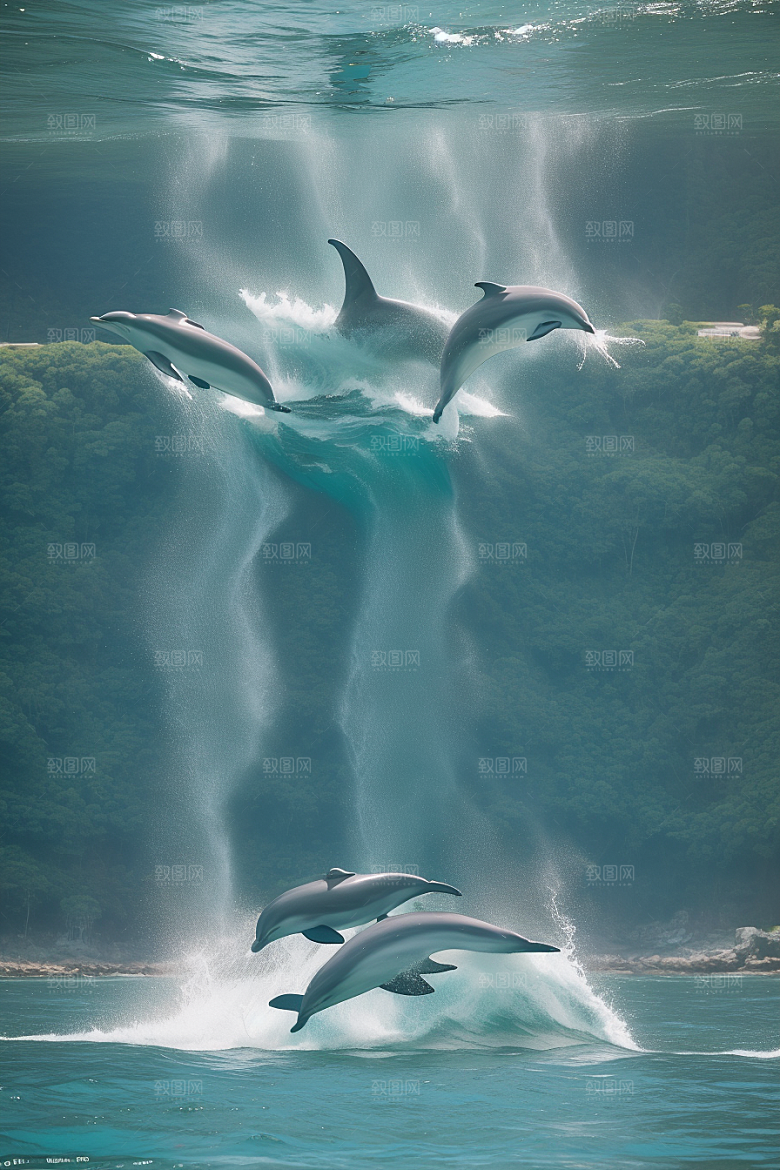 蓝与绿的交织海豚在海岸森林中的生动舞蹈