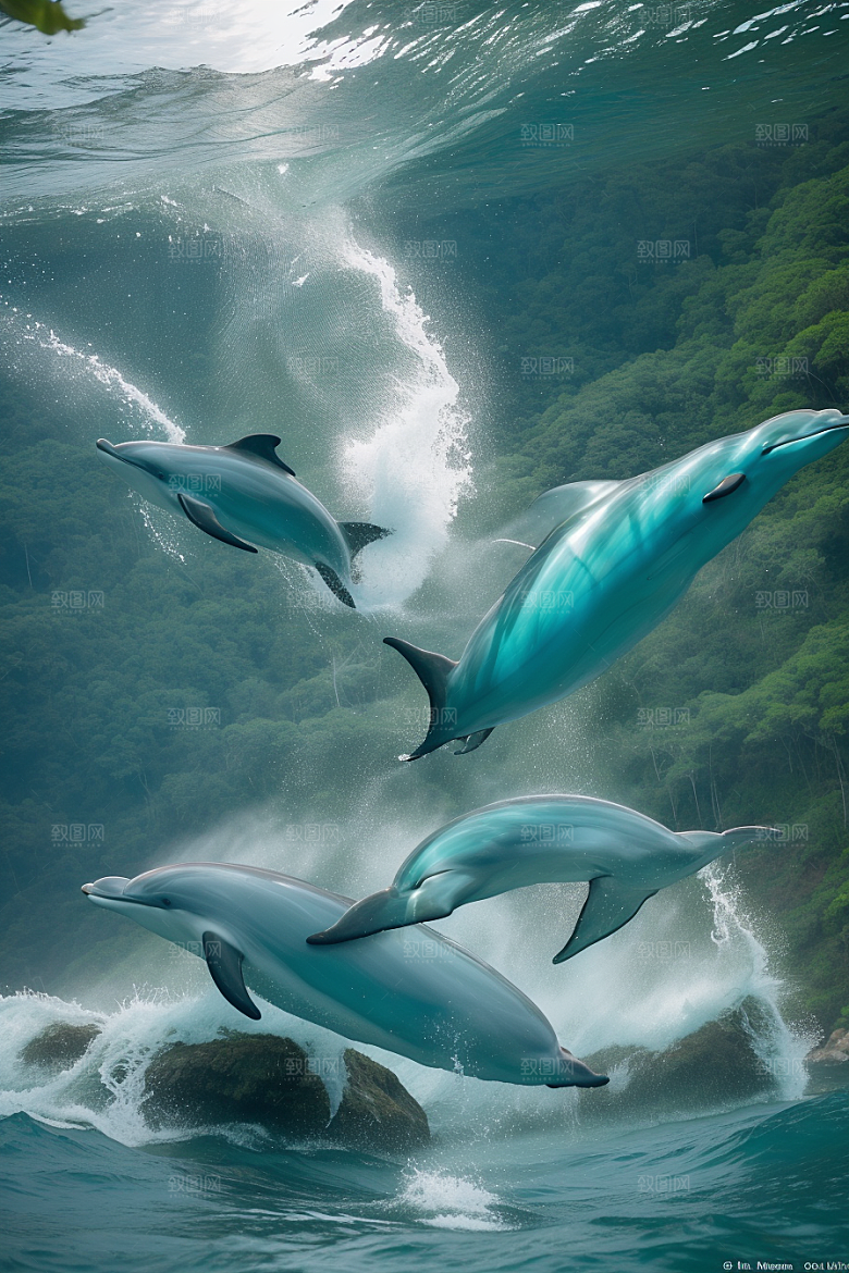 海豚与海岸森林的和谐共舞