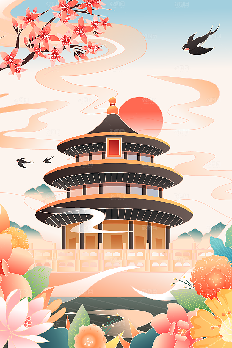 国潮风端午节凤凰插画海报