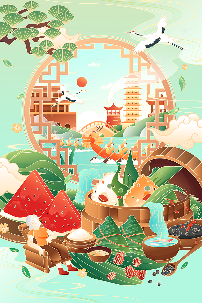国潮风端午节凤凰插画海报