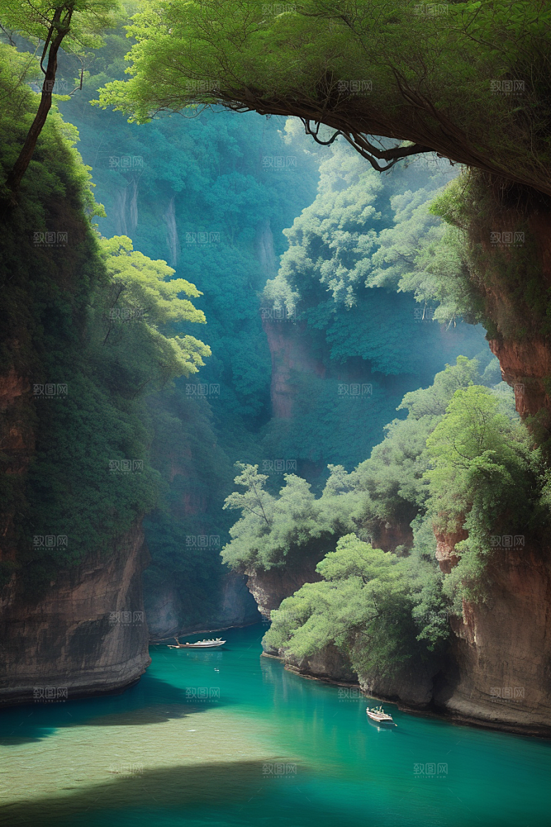 深蓝水域船只驶过的壮丽峡谷之旅