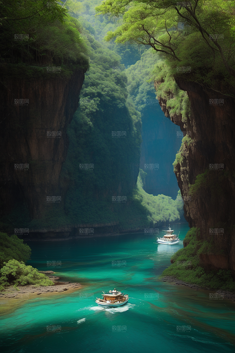 深蓝水域船只驶过的壮丽峡谷之旅