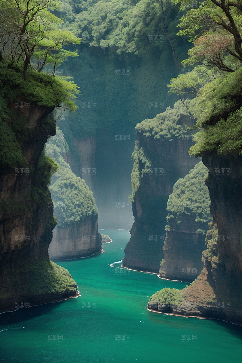 深蓝水域船只驶过的壮丽峡谷之旅