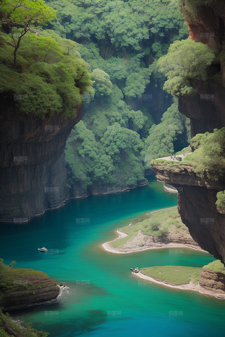 深蓝水域船只驶过的壮丽峡谷之旅