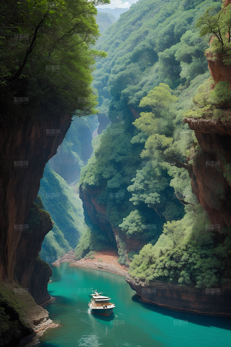 深蓝水域船只驶过的壮丽峡谷之旅