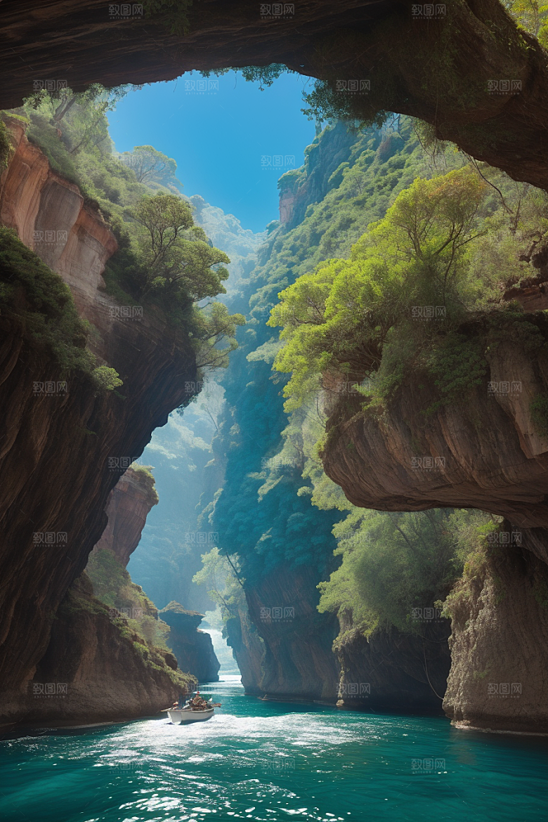 深蓝水域船只驶过的壮丽峡谷之旅