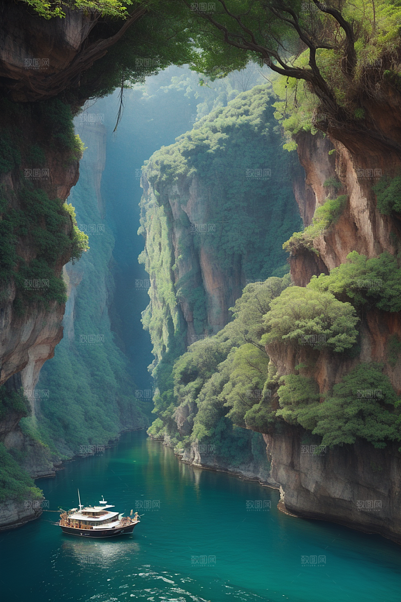 深蓝水域船只驶过的壮丽峡谷之旅