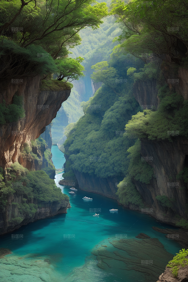 深蓝水域船只驶过的壮丽峡谷之旅