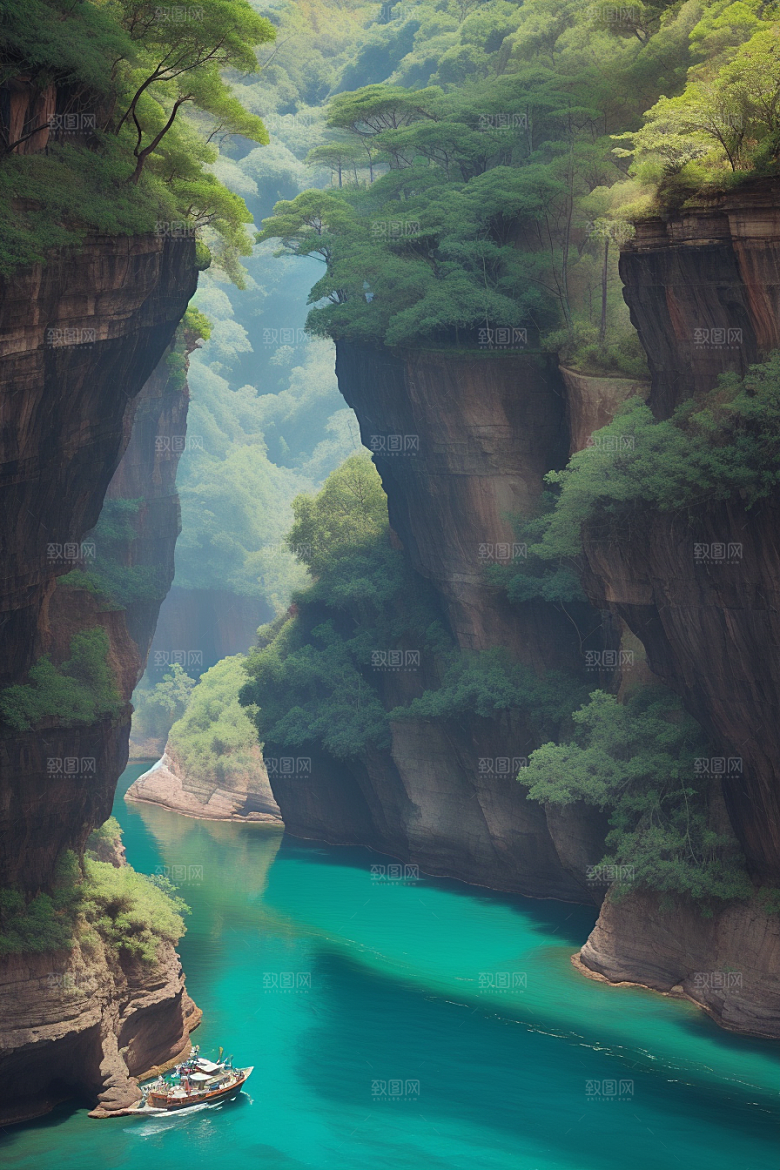 深蓝水域船只驶过的壮丽峡谷之旅