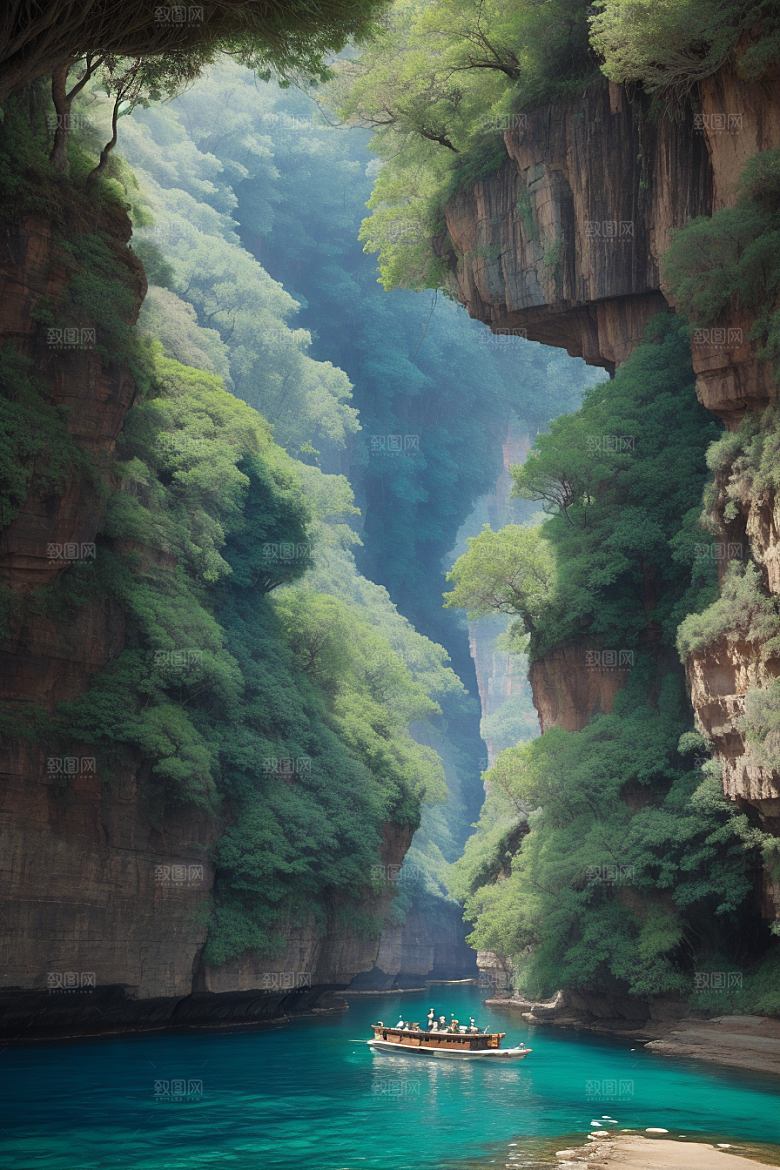 深蓝水域船只驶过的壮丽峡谷之旅