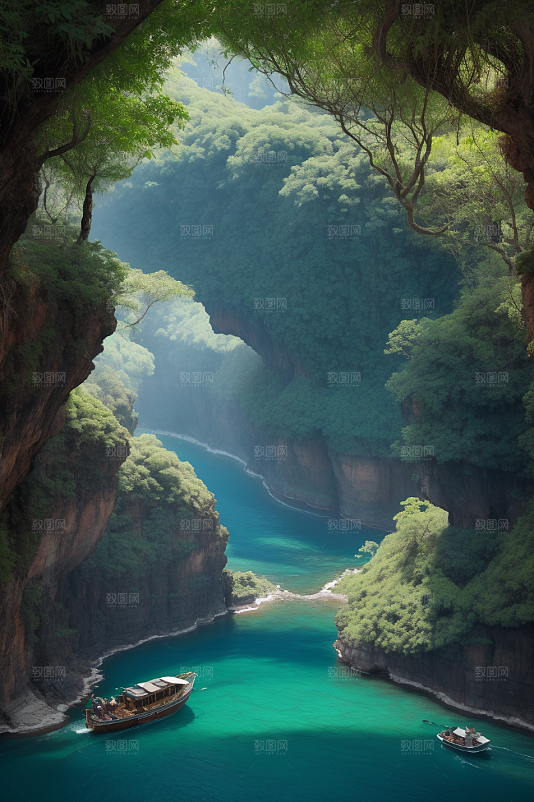 深蓝水域船只驶过的壮丽峡谷之旅