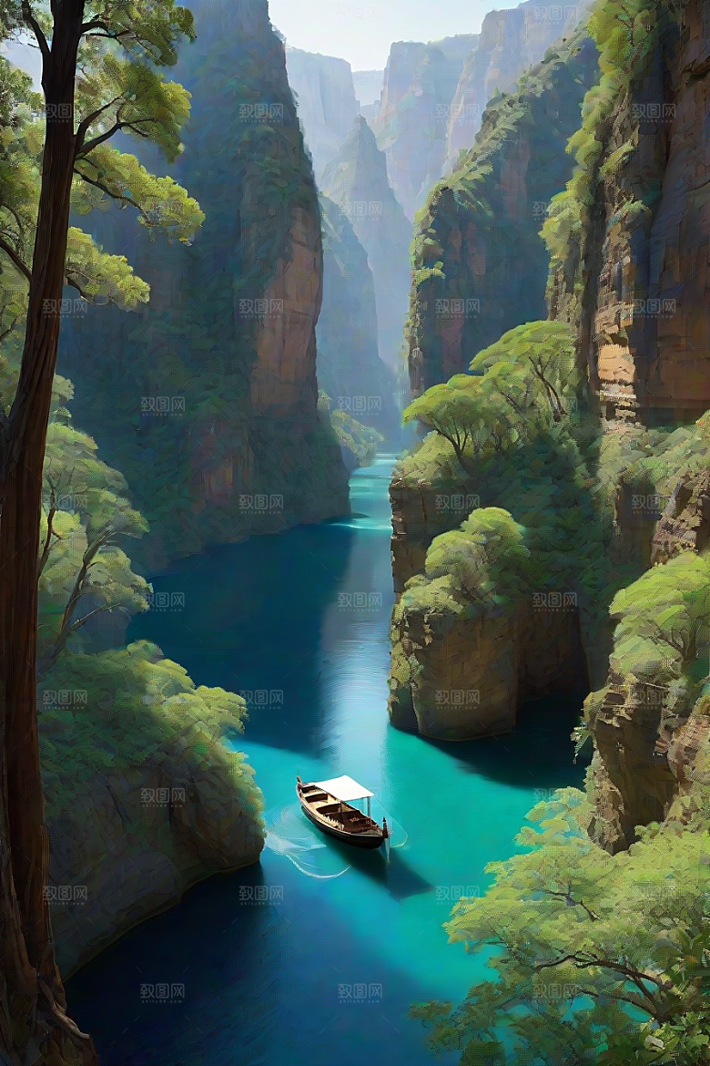 深蓝水域船只驶过的壮丽峡谷之旅