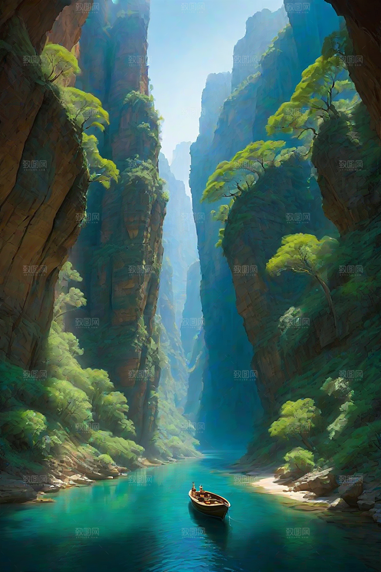 神秘岛屿船只穿越壮丽峡谷的探险之旅