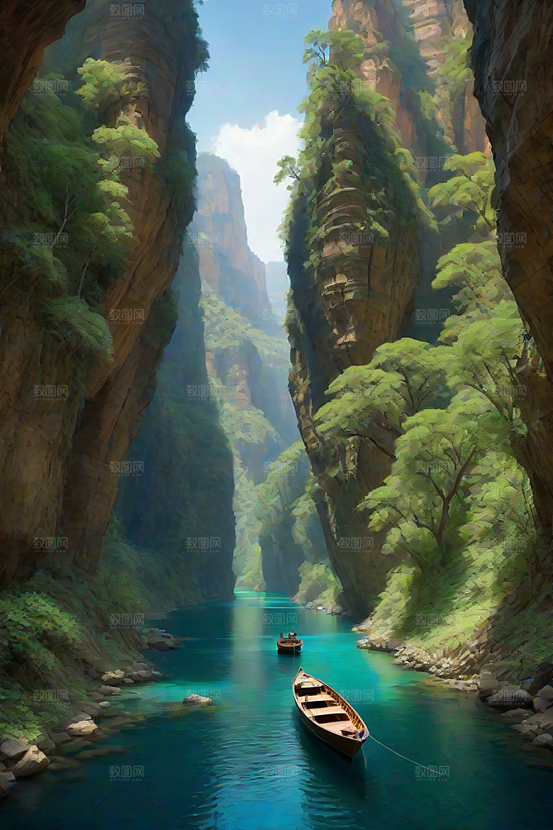 神秘岛屿船只穿越壮丽峡谷的探险之旅