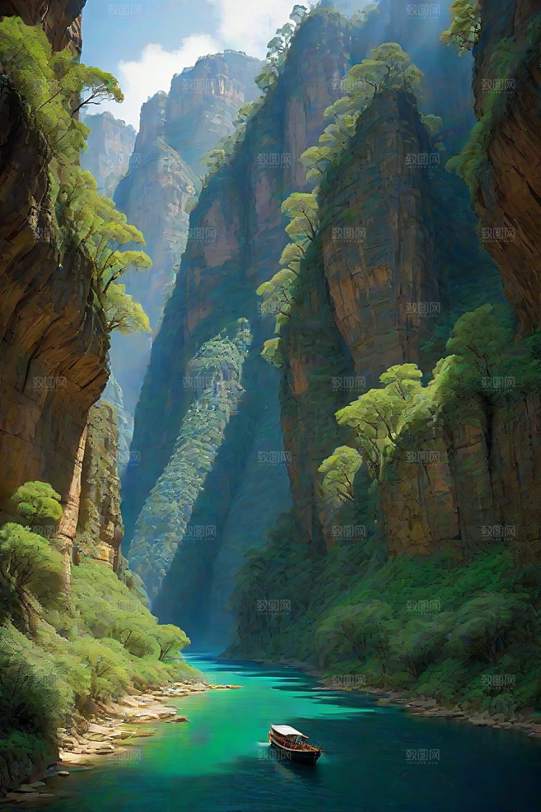 水上远航船只穿越壮丽峡谷的探险之旅